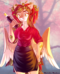 Size: 4108x5000 | Tagged: safe, artist:murshumadzex, oc, oc only, oc:helemaranth, pegasus, anthro, absurd resolution, alcohol, breasts, clothes, female, fluffy, leaves, skirt, small breasts, solo, spread wings, wine, wings
