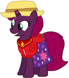 Size: 939x1062 | Tagged: safe, artist:徐詩珮, fizzlepop berrytwist, tempest shadow, pony, unicorn, series:sprglitemplight diary, series:sprglitemplight life jacket days, series:springshadowdrops diary, series:springshadowdrops life jacket days, g4, alternate universe, broken horn, clothes, cute, cutie mark, cutie mark on clothes, dress, eye scar, eyelashes, female, grin, hat, horn, mare, marshall (paw patrol), paw patrol, scar, simple background, smiling, solo, transparent background