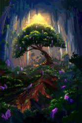 Size: 720x1080 | Tagged: safe, artist:plainoasis, spike, twilight sparkle, alicorn, dragon, pony, g4, cavern, crystal, digital art, duo, epic, horn, older, older spike, painting, plant, roots, scenery, scenery focus, scenery porn, silhouette, stalactite, sunlight, tree, twilight sparkle (alicorn), water, waterfall