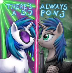 Size: 3122x3159 | Tagged: safe, artist:daoldhorse, dj pon-3, vinyl scratch, oc, oc:homage, pony, unicorn, fallout equestria, g4, don't dead open inside, duo, female, high res