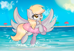 Size: 5787x3996 | Tagged: safe, artist:janelearts, derpy hooves, pegasus, pony, g4, ocean, open mouth, summer, sun, umbrella, water