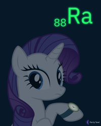 Size: 4000x5000 | Tagged: safe, artist:parclytaxel, rarity, pony, unicorn, series:joycall6's periodic table, g4, .svg available, absurd resolution, chemistry, dark, female, frown, glow in the dark, glowing, looking back, mare, periodic table, purple background, radium, raised hoof, simple background, solo, this will end in cancer, vector, watch
