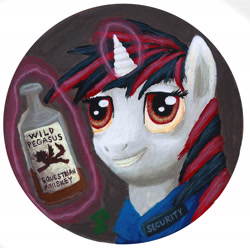 Size: 2409x2385 | Tagged: safe, artist:daoldhorse, oc, oc only, oc:blackjack, pony, unicorn, fallout equestria, fallout equestria: project horizons, alcohol, bust, female, high res, magic, smiling, solo, telekinesis, vault security armor, whiskey, wild pegasus, wild pegasus whisky