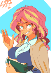 Size: 700x1000 | Tagged: safe, artist:sozglitch, sunset shimmer, equestria girls, g4, abstract background, bedroom eyes, blushing, book, breasts, busty sunset shimmer, clothes, female, glasses, grin, looking at you, signature, smiling, solo, tanned, waving