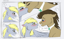 Size: 4000x2454 | Tagged: safe, artist:failure, derpy hooves, doctor whooves, time turner, earth pony, pegasus, pony, g4, blushing, bowtie, comic, commission, cute, derpabetes, ear blush, eyes closed, female, french kiss, i love you, kissing, male, mare, romantic, ship:doctorderpy, shipping, speech bubble, stallion, straight, wholesome, ych result