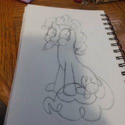 Size: 1080x1080 | Tagged: safe, artist:iemenia, pinkie pie, earth pony, pony, g4, female, lineart, mare, notebook, sitting, solo, traditional art