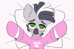 Size: 1920x1280 | Tagged: safe, artist:etoz, oc, oc only, oc:zebra north, zebra, asking for a hug, bed, blushing, clothes, femboy, green eyes, hug, looking at you, male, on back, outstretched arms, pillow, pink sweater, socks, stallion, striped socks, sweater, zebra oc