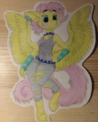 Size: 1080x1350 | Tagged: safe, artist:c_owokie, fluttershy, pegasus, anthro, unguligrade anthro, g4, alternate hairstyle, arm warmers, choker, clothes, cloven hooves, ear piercing, earring, female, flutterpunk, grin, jewelry, piercing, smiling, solo, spiked choker, spread wings, torn clothes, traditional art, wings