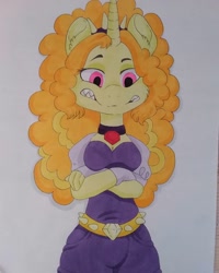 Size: 1080x1350 | Tagged: safe, artist:c_owokie, adagio dazzle, unicorn, anthro, g4, clothes, crossed arms, equestria girls ponified, female, headband, horn, jewelry, necklace, ponified, sharp teeth, solo, species swap, teeth, traditional art