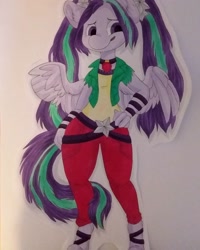 Size: 1080x1350 | Tagged: safe, artist:c_owokie, aria blaze, pegasus, anthro, unguligrade anthro, g4, bracelet, clothes, equestria girls ponified, female, hand on hip, jewelry, necklace, ponified, solo, species swap, traditional art, wings