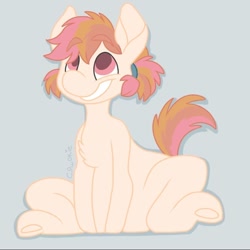 Size: 800x800 | Tagged: safe, artist:c_owokie, oc, oc only, earth pony, pony, earth pony oc, eyebrows, eyebrows visible through hair, grin, looking up, simple background, sitting, smiling, solo, underhoof
