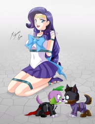 Size: 1280x1658 | Tagged: safe, artist:shinta-girl, rarity, spike, dog, human, equestria girls, g4, arm behind back, blue eyes, blue eyeshadow, bondage, breasts, busty rarity, cleavage, clothes, collar, cosplay, costume, eyeshadow, gritted teeth, group, growling, high heels, human coloration, implied shipping, implied sparity, implied straight, jewelry, kneeling, lipstick, makeup, purple hair, red lipstick, sailor generosity, sailor moon (series), sailor senshi, sailor uniform, shoes, spike the dog, tuxedo mask, uniform