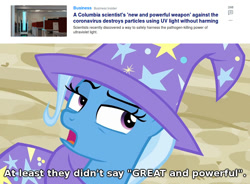 Size: 980x723 | Tagged: safe, edit, edited screencap, screencap, trixie, g4, to where and back again, cape, clothes, coronavirus, eyeroll, great and powerful, hat, text, trixie's cape, trixie's hat