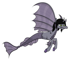 Size: 2257x1903 | Tagged: safe, artist:moonatik, siren, cloven hooves, commission, curved horn, fangs, fins, fish tail, flying, frown, horn, kellin quinn, male, ponified, scales, simple background, sleeping with sirens, slit pupils, solo, tired, transparent background