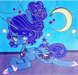 Size: 720x695 | Tagged: safe, artist:dollbunnie, princess luna, alicorn, pony, g4, accessory, alternate hairstyle, bun hairstyle, eyebrows, female, instagram, marker drawing, missing accessory, moon, night, solo, stars, traditional art