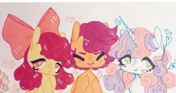Size: 712x377 | Tagged: safe, artist:dollbunnie, apple bloom, scootaloo, sweetie belle, g4, cute, cutie mark crusaders, heart, instagram, marker drawing, smiling, traditional art