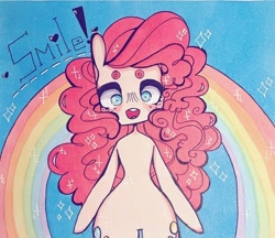 Size: 712x614 | Tagged: safe, artist:dollbunnie, pinkie pie, earth pony, pony, semi-anthro, g4, arm hooves, eyebrows, female, instagram, marker drawing, rainbow, smiling, solo, sparkling mane, traditional art