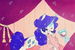 Size: 720x484 | Tagged: safe, artist:dollbunnie, rarity, pony, g4, bed, bedroom, clothes, eyebrows, female, glass, instagram, magic, marker drawing, one eye closed, open mouth, rarity's bedroom, scarf, smiling, solo, traditional art, wine glass, wink