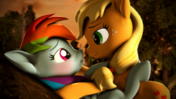 Size: 3840x2160 | Tagged: safe, artist:psfmer, applejack, rainbow dash, earth pony, pegasus, pony, g4, 3d, blushing, female, high res, legs in air, lesbian, looking at each other, mare, on back, revamped ponies, rock, ship:appledash, shipping, sky, source filmmaker, sunset, tree