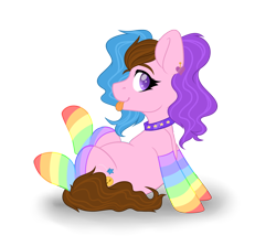 Size: 4584x4091 | Tagged: safe, artist:maximkoshe4ka, oc, oc only, oc:sunshine smiles (ice1517), earth pony, pony, :p, choker, clothes, commission, ear piercing, earring, female, heart eyes, jewelry, mare, multicolored hair, piercing, rainbow socks, simple background, sitting, socks, solo, striped socks, tongue out, transparent background, wingding eyes, ych result
