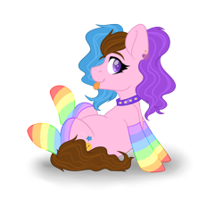 Size: 4584x4091 | Tagged: safe, artist:myshakov, oc, oc only, oc:sunshine smiles (ice1517), earth pony, pony, :p, choker, clothes, commission, ear piercing, earring, female, heart eyes, jewelry, mare, multicolored hair, piercing, rainbow socks, simple background, sitting, socks, solo, striped socks, tongue out, transparent background, wingding eyes, ych result