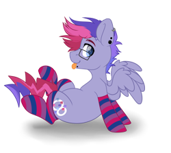 Size: 4584x4091 | Tagged: safe, artist:maximkoshe4ka, oc, oc only, oc:ultraviolet ray, pegasus, pony, icey-verse, :p, bisexual pride flag, clothes, commission, ear piercing, earring, glasses, heart eyes, jewelry, lip piercing, magical lesbian spawn, male, multicolored hair, offspring, parent:oc:elizabat stormfeather, parent:tempest shadow, parents:canon x oc, parents:stormshadow, piercing, pride, pride flag, simple background, sitting, socks, solo, stallion, striped socks, tongue out, transparent background, wingding eyes, ych result