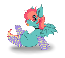 Size: 4584x4091 | Tagged: safe, artist:maximkoshe4ka, oc, oc only, oc:rainbow screech, bat pony, pony, icey-verse, :p, bat pony oc, bat wings, blank flank, choker, clothes, commission, female, heart eyes, magical lesbian spawn, mare, multicolored hair, offspring, parent:evil pie hater dash, parent:flutterbat, parent:fluttershy, parent:rainbow dash, parents:flutterdash, parents:piehaterbat, simple background, sitting, socks, solo, striped socks, tongue out, transparent background, wingding eyes, wings, ych result