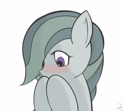 Size: 3218x2895 | Tagged: safe, artist:drawalaverr, marble pie, earth pony, pony, g4, blushing, female, high res, looking down, mare, shy, simple background, solo, white background