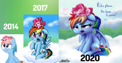 Size: 3850x2000 | Tagged: safe, artist:arielsbx, pinkie pie, rainbow dash, pegasus, pony, g4, chibi, cloud, comparison, confused, cute, draw this again, duo, duo female, female, high res, on head, onomatopoeia, rainbow dash is not amused, redraw, self awareness, sleeping, sound effects, unamused, zzz