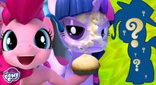 Size: 223x122 | Tagged: safe, pinkie pie, twilight sparkle, g4, hello pinkie pie, food, name that pony challenge, pie, pie in the face, thumbnail, twilight sparkle is not amused, unamused