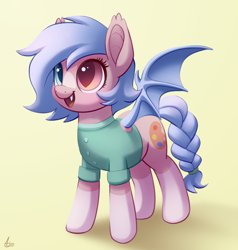 Size: 1900x2000 | Tagged: safe, artist:luminousdazzle, oc, oc only, oc:scribbles, bat pony, pony, bat ears, bat pony oc, bat wings, braided tail, clothes, cutie mark, fangs, female, heterochromia, mare, open mouth, open smile, smiling, solo, spread wings, tail, wings
