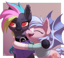 Size: 2000x1800 | Tagged: safe, artist:luminousdazzle, oc, oc only, oc:black opal, oc:scribbles, bat pony, pony, clothes, collar, cute, cutie mark, duo, eyes closed, female, hug, mare, open mouth, red eyes, unamused
