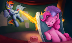 Size: 1697x1015 | Tagged: safe, artist:foxpit, pinkie pie, rainbow dash, earth pony, pegasus, pony, g4, g4.5, how applejack got her hat back, my little pony: pony life, aluminum foil, attack, cake, chef's hat, cooking torch, duo, duo female, eyes closed, female, fire, flamethrower, food, g4.5 to g4, hat, open mouth, protecting, scene interpretation, simple background, torch, weapon