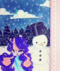 Size: 720x861 | Tagged: safe, artist:dollbunnie, twilight sparkle, g4, clothes, cloud, cute, detailed background, eyebrows, forest background, instagram, marker drawing, night, one eye closed, open mouth, pine tree, scarf, smiling, snowman, starry night, stars, traditional art, tree, wink, winter