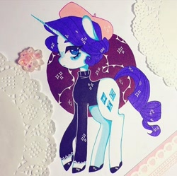 Size: 720x718 | Tagged: safe, artist:dollbunnie, rarity, g4, becoming popular, beret, clothes, eyebrows, eyelashes, hat, shoes, short hair, short mane, sparkling mane, sweater