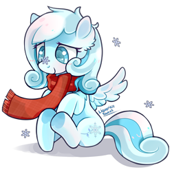 Size: 2000x2000 | Tagged: safe, artist:liquorice_sweet, oc, oc only, oc:snowdrop, pony, blushing, checkered scarf, clothes, cute, daaaaaaaaaaaw, female, filly, foal, high res, scarf, simple background, sitting, snow, snowbetes, snowflake, solo, transparent background