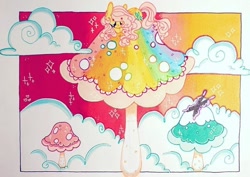 Size: 704x498 | Tagged: safe, artist:dollbunnie, fluttershy, butterfly, pegasus, pony, g4, beautiful, cloud, cute, marker drawing, mushroom, mushrooms, sleeping, sparkling, traditional art