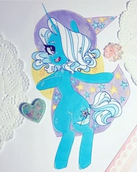 Size: 720x898 | Tagged: safe, artist:dollbunnie, trixie, semi-anthro, g4, arm hooves, cape, clothes, curly mane, eyebrows, female, hair over one eye, hat, instagram, marker drawing, open mouth, smiling, solo, traditional art, trixie's cape, trixie's hat
