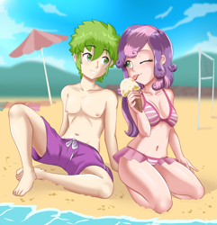 Size: 1854x1920 | Tagged: safe, alternate version, artist:thebrokencog, spike, sweetie belle, human, g4, beach, bikini, clothes, commission, cute, female, food, humanized, ice cream, male, sand, ship:spikebelle, shipping, shorts, straight, swimsuit, virgo, water