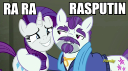 Size: 900x505 | Tagged: safe, edit, edited screencap, screencap, mr. stripes, rarity, g4, the saddle row review, boney m, caption, communism in the comments, discovery family logo, duo, image macro, implied communism, rarara, rasputin, song reference, text
