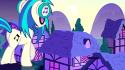 Size: 1280x720 | Tagged: safe, edit, editor:jaredking779, dj pon-3, vinyl scratch, pony, unicorn, g4, female, giant pony, giant unicorn, giant vinyl scratch, giantess, houses, macro, mare, ponyville