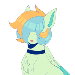 Size: 3300x3300 | Tagged: safe, artist:tuzz-arts, oc, oc only, oc:cool ginger, pegasus, pony, chest fluff, choker, colored wings, cute, femboy, hair covering face, high res, male, multicolored hair, multicolored wings, nonbinary, ocbetes, simple background, tongue out, trap, wings