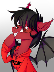 Size: 2185x2881 | Tagged: safe, artist:kannakiller, bat pony, pony, bat wings, bust, chest fluff, clothes, colored pupils, commission, ear fluff, fall out boy, fangs, gradient background, grin, happy, high res, hoodie, male, messy mane, pete wentz, ponified, raised hoof, slit pupils, smiling, solo, spread wings, stallion, wings, ych result