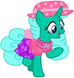 Size: 1031x1080 | Tagged: safe, artist:徐詩珮, glitter drops, pony, unicorn, series:sprglitemplight diary, series:sprglitemplight life jacket days, series:springshadowdrops diary, series:springshadowdrops life jacket days, g4, alternate universe, base used, clothes, cute, dress, eyelashes, female, hat, mare, open mouth, paw patrol, raised hoof, simple background, skye (paw patrol), solo, transparent background