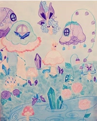 Size: 720x900 | Tagged: safe, artist:dollbunnie, oc, butterfly, fairy, fairy pony, original species, beautiful, crystal, eyes closed, fairy rabbit, fairy wings, fairyized, fantasy, flower, flying, houses, instagram, mushroom, pastel, pond, rose, traditional art, watercolor painting, wings