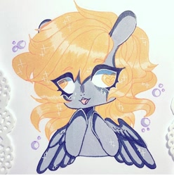 Size: 720x726 | Tagged: safe, artist:dollbunnie, derpy hooves, pegasus, pony, g4, bubble, eyebrows, eyelashes, female, heart eyes, instagram, marker drawing, open mouth, smiling, solo, traditional art, wingding eyes