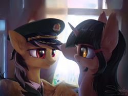 Size: 1920x1440 | Tagged: safe, artist:coldrivez, oc, oc only, pegasus, pony, unicorn, clothes, couple, crying, curtains, cute, female, house, looking at each other, male, military hat, necktie, romantic, suit, tears of joy, uniform, window