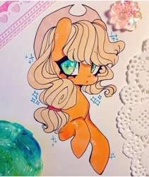 Size: 720x855 | Tagged: safe, artist:dollbunnie, applejack, earth pony, pony, g4, applejack's hat, braid, cowboy hat, cute, eyelashes, female, hat, instagram, jackabetes, mare, marker drawing, solo, sparkles, traditional art