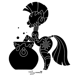 Size: 1479x1480 | Tagged: safe, artist:timmy_22222001, zecora, zebra, semi-anthro, g4, arm hooves, black and white, butt, cauldron, decal, female, grayscale, monochrome, silhouette, simple background, solo, the ass was fat, white background, zecorass