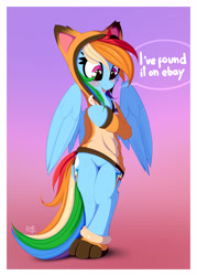Size: 3700x5177 | Tagged: safe, artist:omi, rainbow dash, fox, pegasus, pony, semi-anthro, g4, absurd resolution, arm hooves, bipedal, blushing, cheek fluff, clothes, cosplay, costume, cute, dashabetes, dialogue, female, happy, hoodie, implied ebay, mare, open mouth, open smile, partially open wings, slippers, smiling, solo, speech bubble, wings